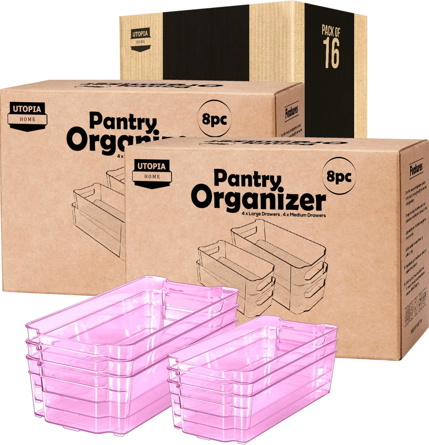 Utopia Home Fridge Organizers and Storage Clear - Set of 16 (8 Large & 8 Medium) Refrigerator Organizer Bins - Kitchen Organization - BPA Free Panrty Organizers and Storage (Pink)