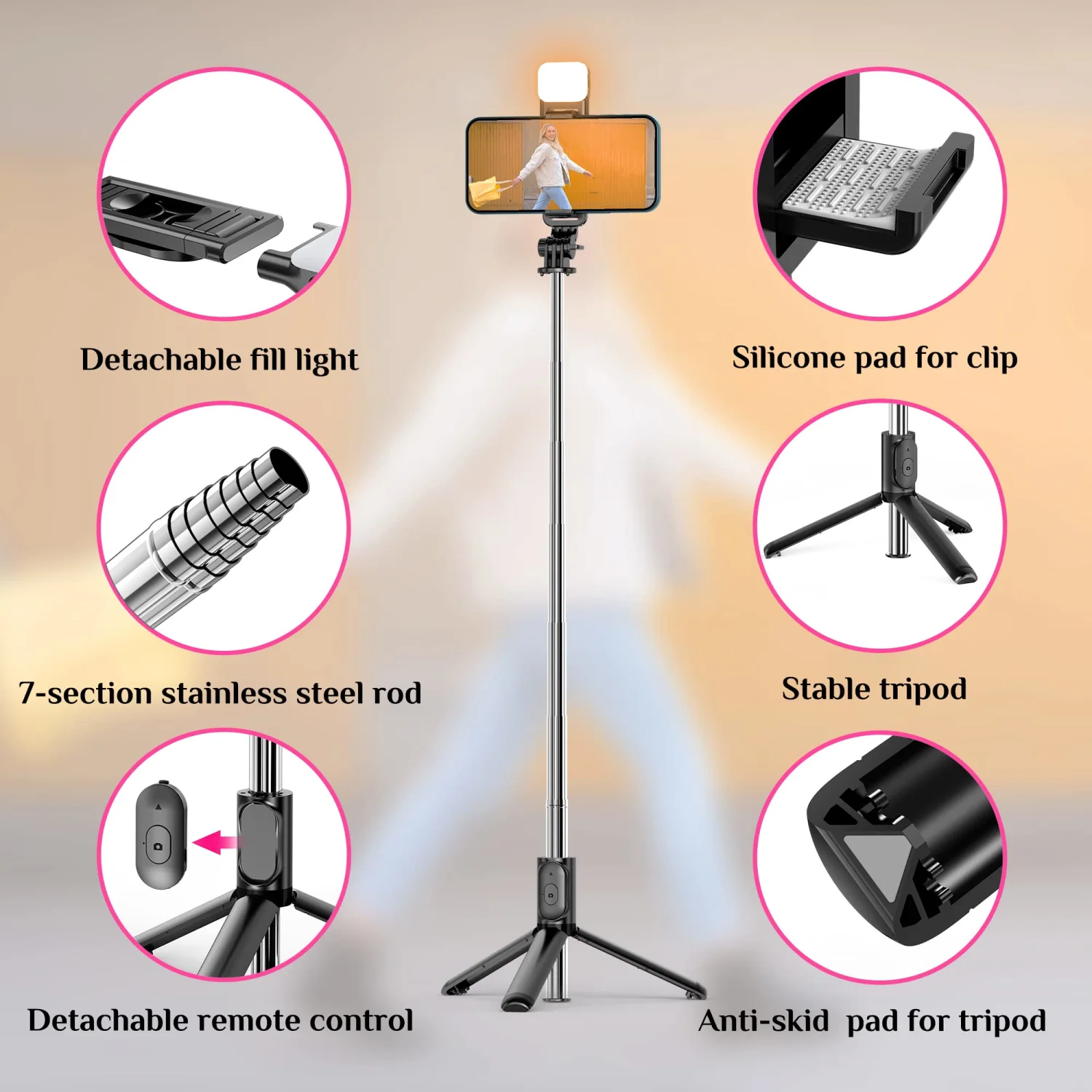 Selfie Stick Tripod with Fill Light, All in One Extendable Selfie Stick with Detachable Wireless Remote, Flexible Phone Tripod Stand Compatible with iPhone/Galaxy, Compact Size & Lightweight