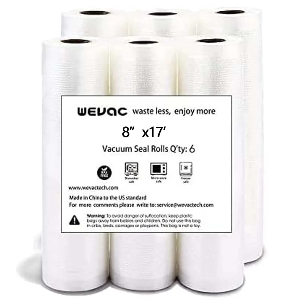 Wevac Vacuum Sealer Bags 8x16' Rolls 6 pack for Food Saver, Seal a Meal, Weston. Commercial Grade, BPA Free, Heavy Duty, Great for vac storage, Meal Prep or Sous Vide