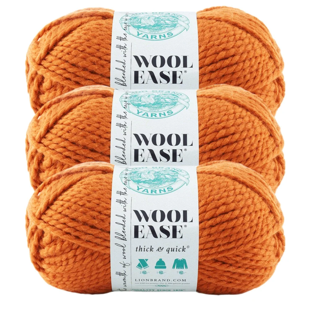 Lion Brand Yarn Wool-Ease Thick & Quick Yarn, Soft and Bulky Yarn for Knitting, Crocheting, and Crafting, 3 Pack, Pumpkin