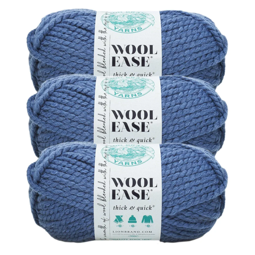 Lion Brand Yarn Wool-Ease Thick & Quick Yarn, Soft and Bulky Yarn for Knitting, Crocheting, and Crafting, 3 Pack, Denim