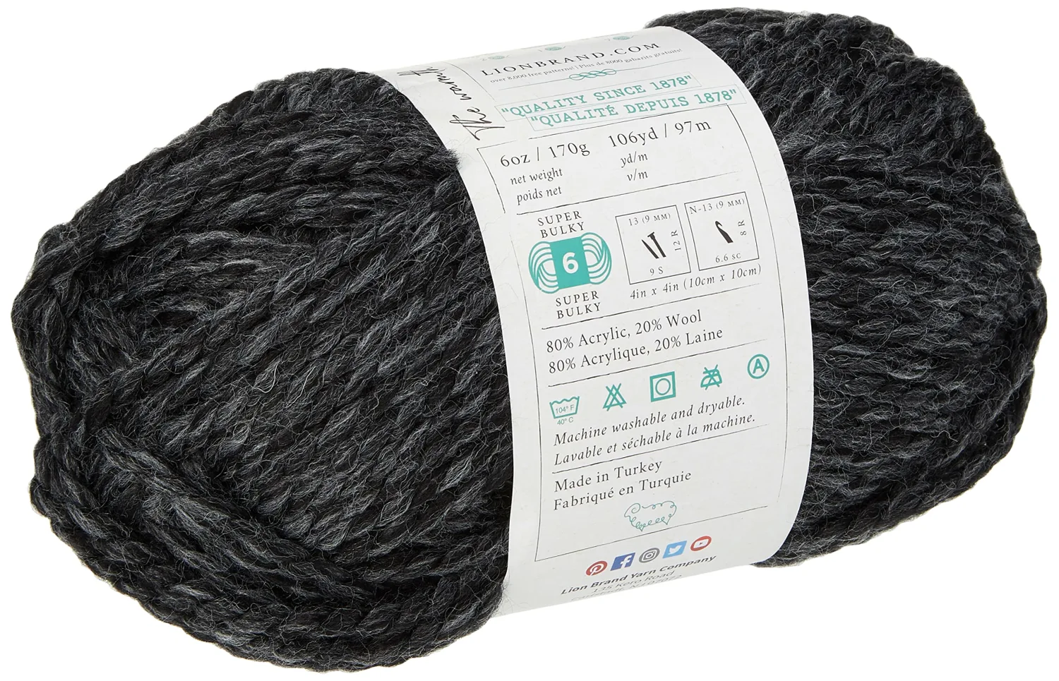 Lion  640-149 Wool-Ease Thick & Quick Yarn , 97 Meters, Charcoal