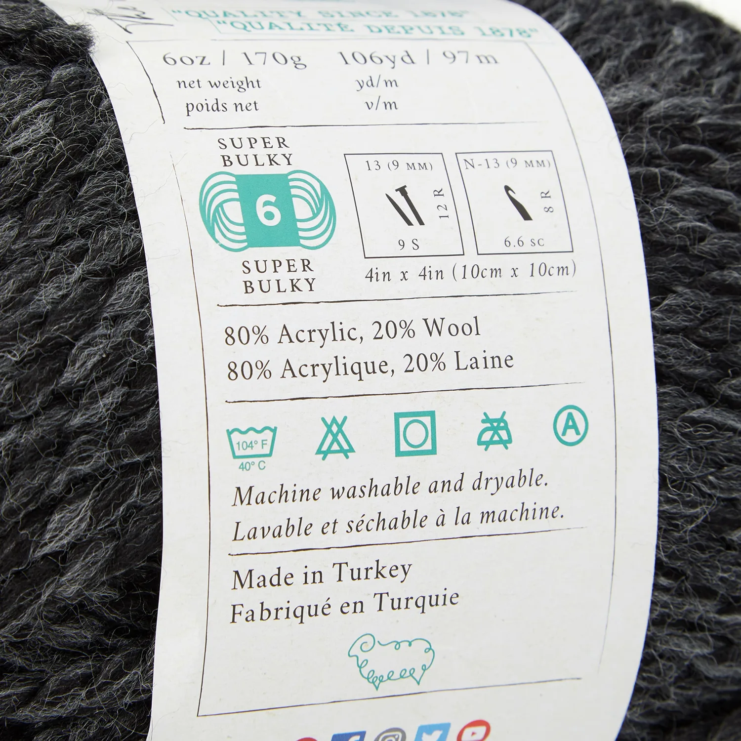 Lion  640-149 Wool-Ease Thick & Quick Yarn , 97 Meters, Charcoal