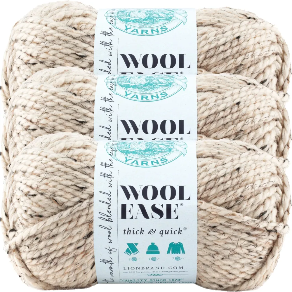 Lion Brand Yarn Wool-Ease Thick & Quick Yarn, Soft and Bulky Yarn for Knitting, Crocheting, and Crafting, 3 Pack, Oatmel