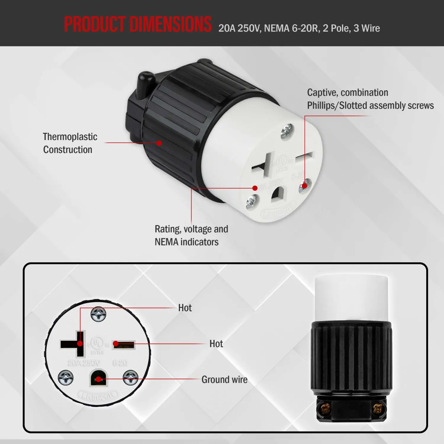 ENERLITES NEMA 6-20R Straight Blade Connector, Female Plug Replacement Cord Outlet, 20 Amp, 250 Volt, 2 Pole, 3 Wire Grounding, Industrial Grade, Heavy Duty, UL Listed, 66231-BK, Black