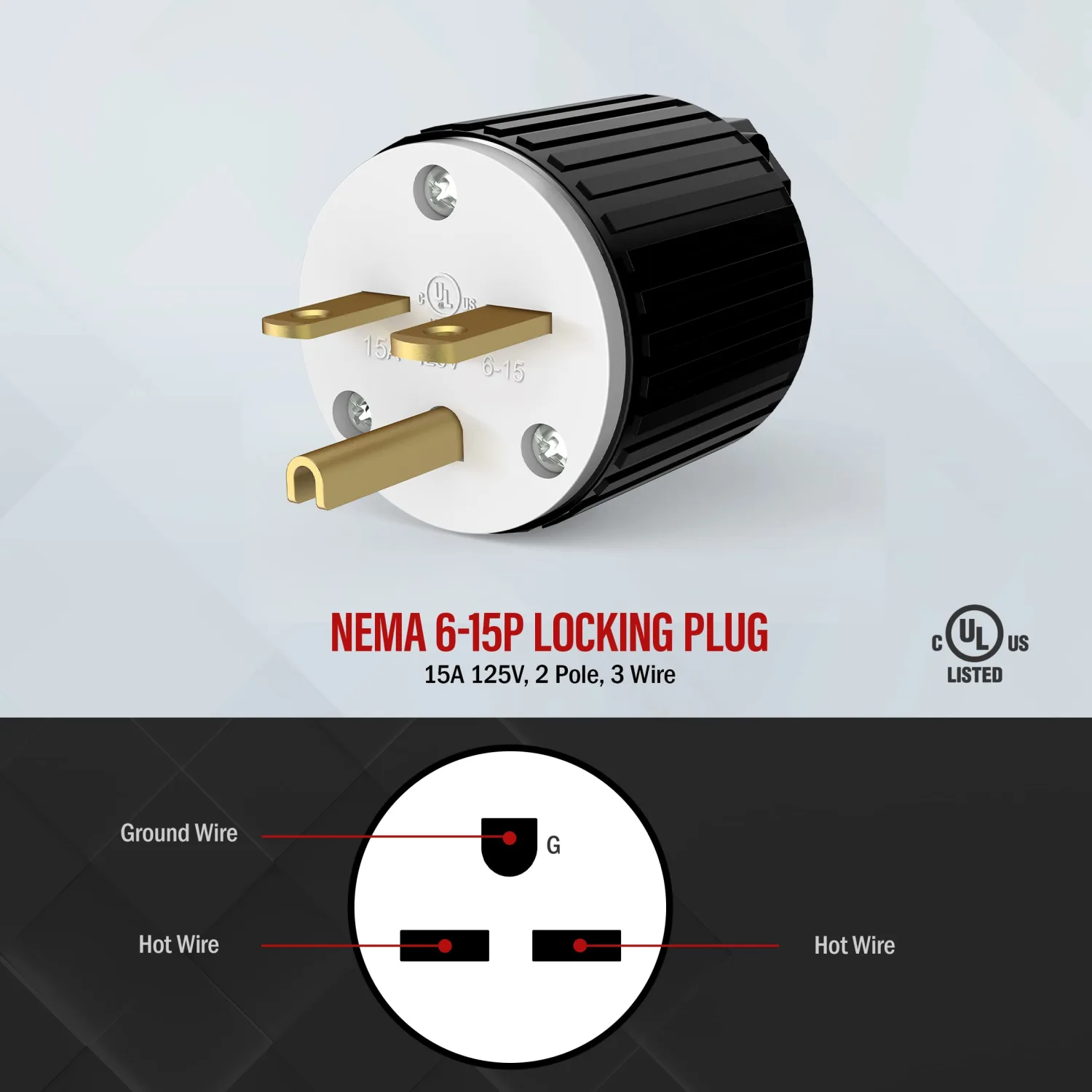 ENERLITES NEMA 6-15P Straight Blade Replacement Plug Connector, Male Extension Cord Ends, 15 Amp, 250 Volt, 2 Pole, 3 Wire Grounding, Industrial Grade, Heavy Duty, UL Listed, 66220-BK, Black