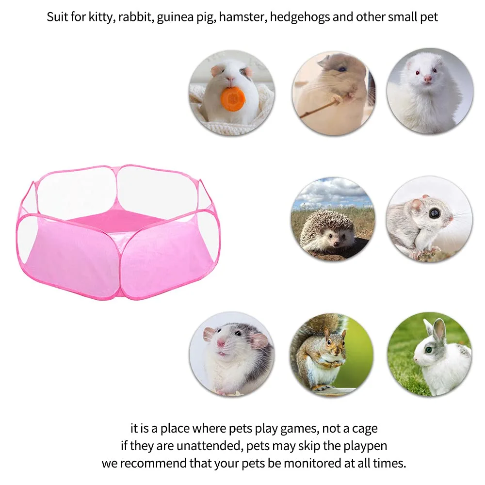 Small Animals C&C Cage Tent, Breathable & Transparent Pet Playpen Pop Open Outdoor/Indoor Exercise Fence, Portable Yard Fence for Guinea Pig, Rabbits, Hamster, Chinchillas and Hedgehogs (Pink)