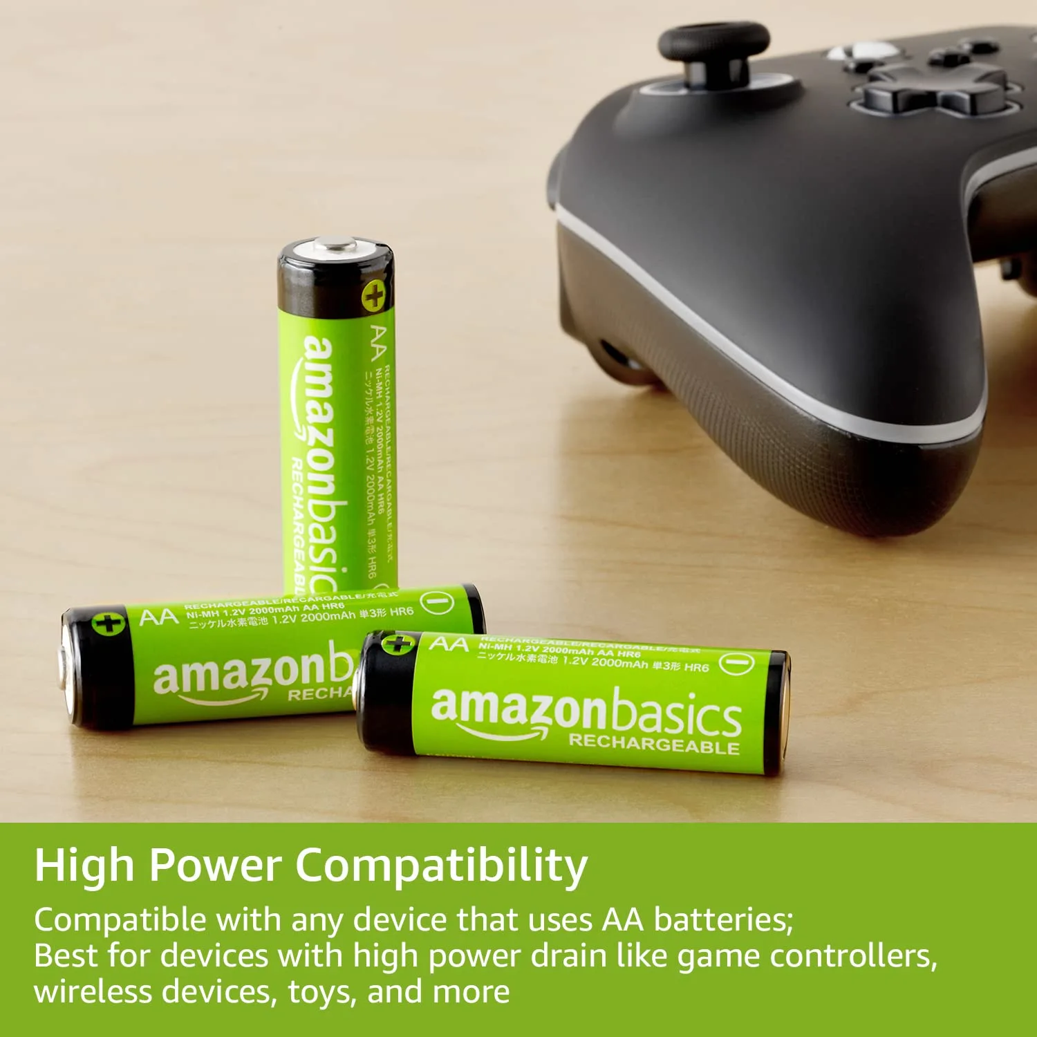 Amazon Basics Rechargeable AA Batteries, 4-Pack, 2400 mAh, NiMH High-Capacity Batteries, Recharge up to 400x Times, Pre-Charged