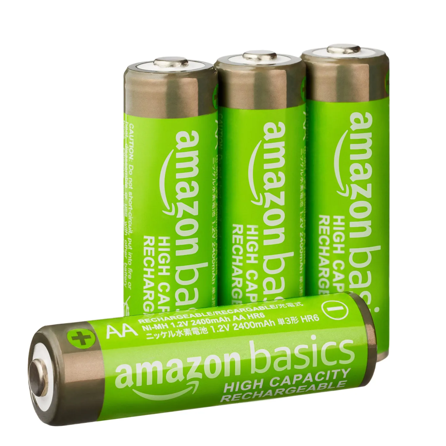 Amazon Basics Rechargeable AA Batteries, 4-Pack, 2400 mAh, NiMH High-Capacity Batteries, Recharge up to 400x Times, Pre-Charged
