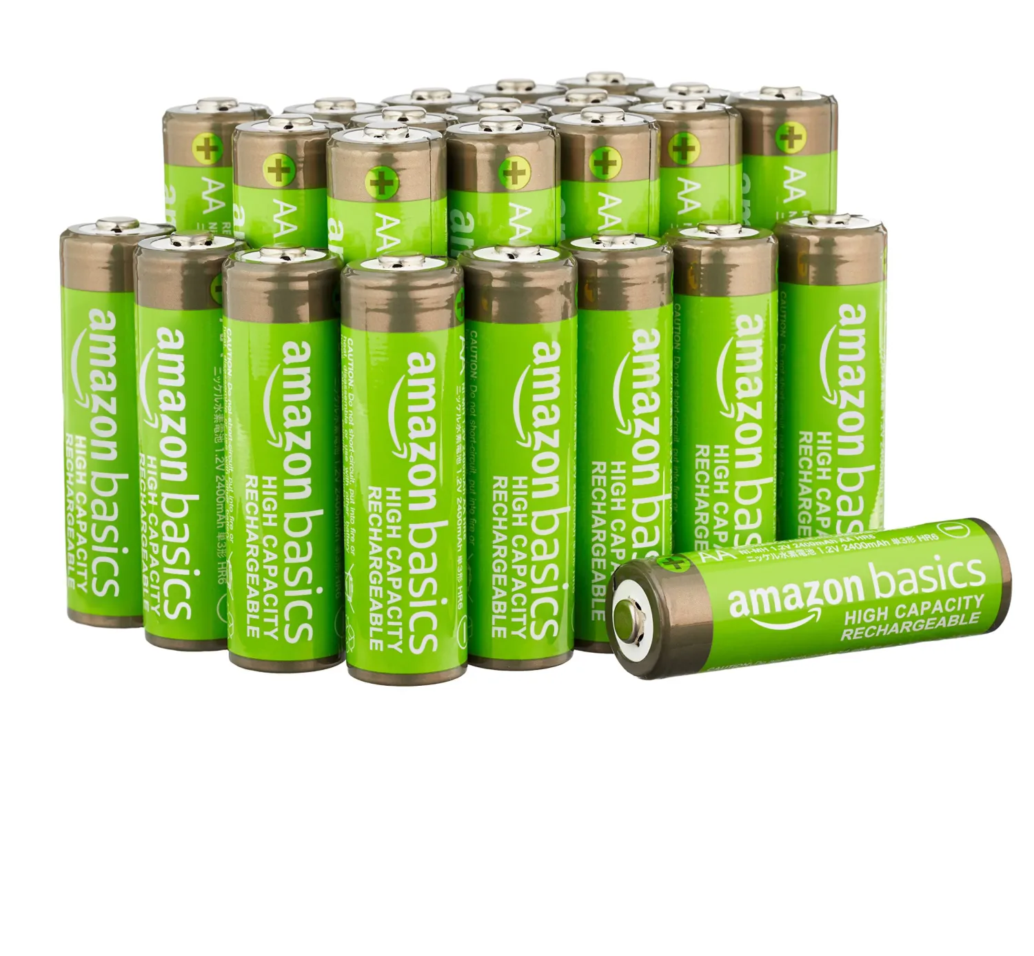 Amazon Basics Rechargeable AA Batteries, 24-Pack, 2400 mAh, NiMH High-Capacity Batteries, Recharge up to 400x Times, Pre-Charged