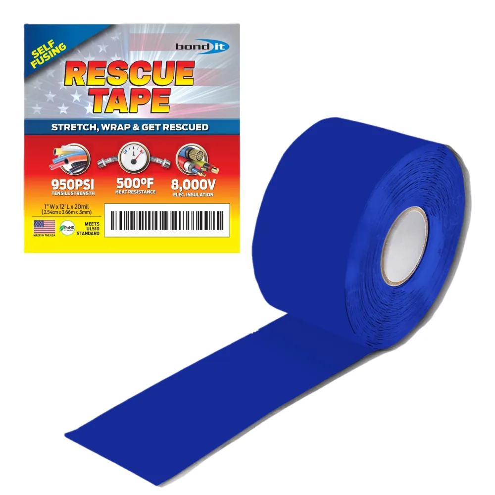 Rescue Tape by Bond It, Self-Fusing Silicone for Emergency Plumbing, Pipe & Hose Repair, Electrical Insulation, Waterproof, 950PSI, Made in USA, 1" x 12', Blue