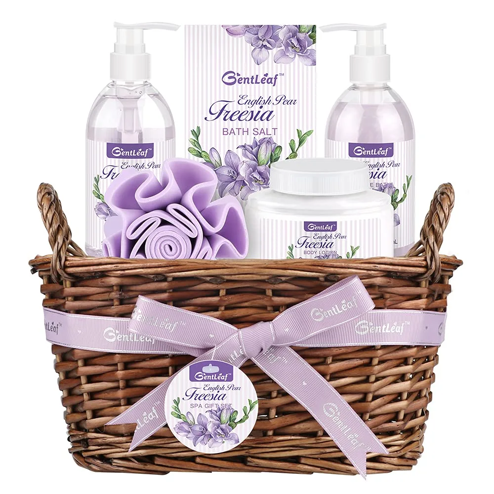 Bath Spa Gift Basket for Women, Spa Gift Set English Pear & Freesia Scent, Contains Bubble Bath, Shower Gel, Bath Salt, Body Lotion, Bath Gifts for Women 6 Pcs by GentLeaf