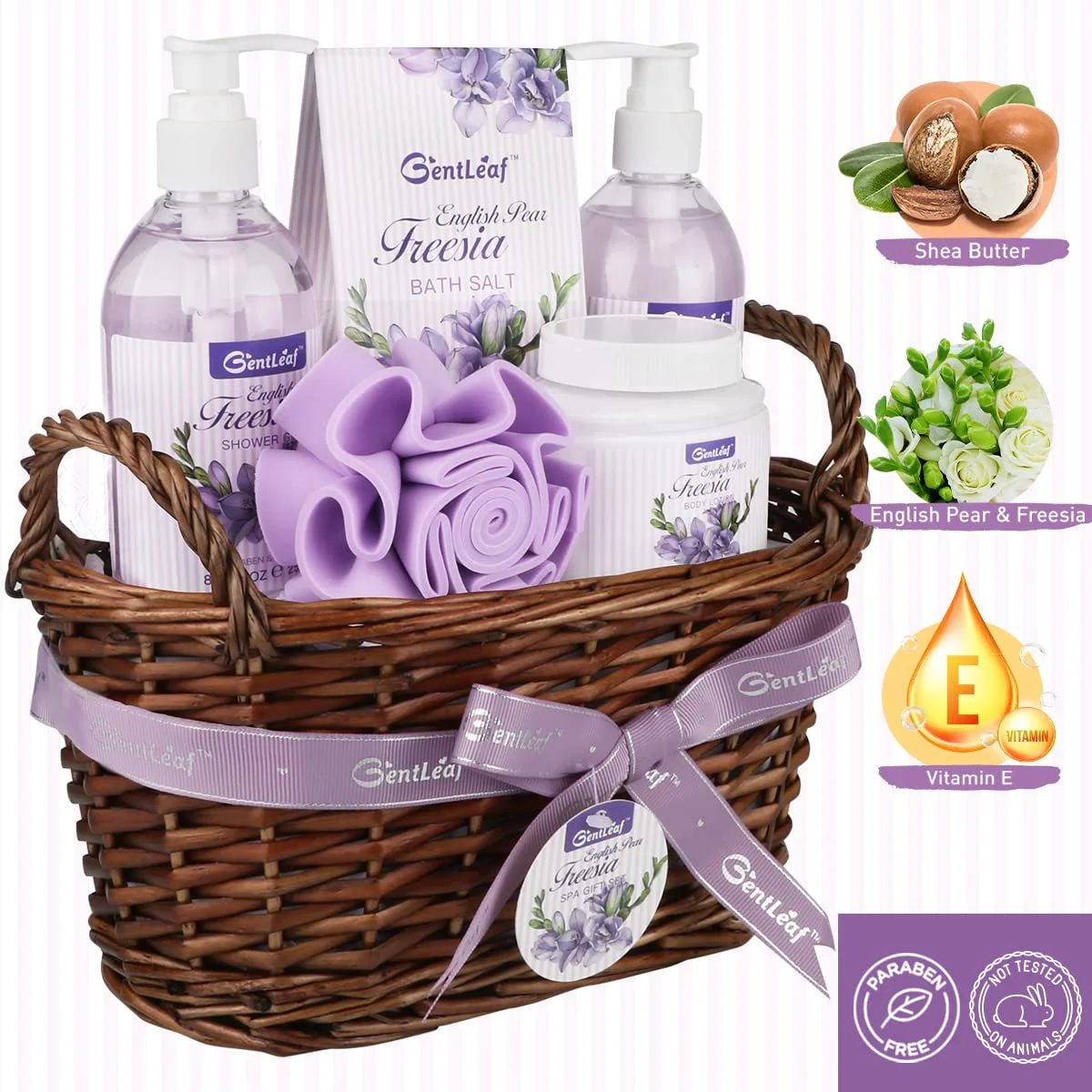 Bath Spa Gift Basket for Women, Spa Gift Set English Pear & Freesia Scent, Contains Bubble Bath, Shower Gel, Bath Salt, Body Lotion, Bath Gifts for Women 6 Pcs by GentLeaf
