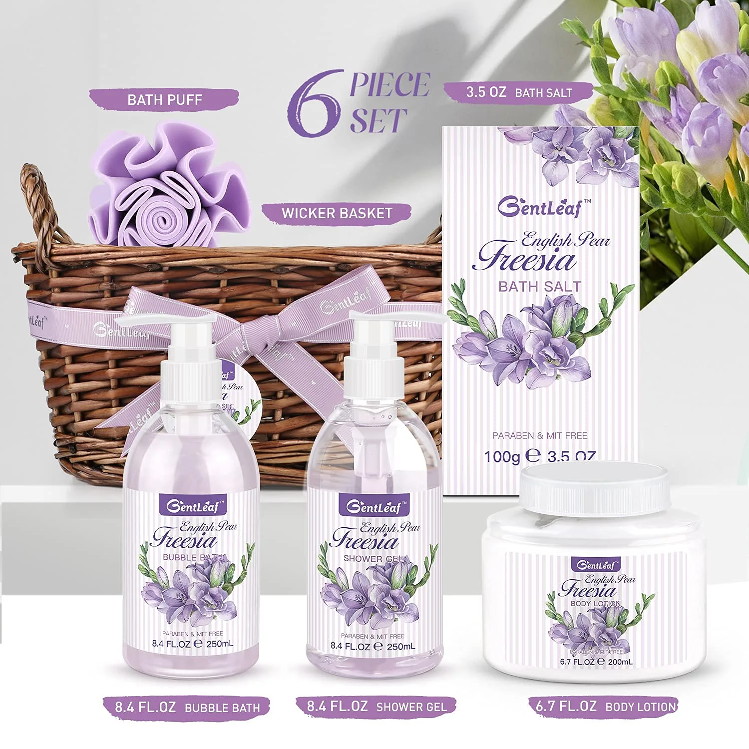 Bath Spa Gift Basket for Women, Spa Gift Set English Pear & Freesia Scent, Contains Bubble Bath, Shower Gel, Bath Salt, Body Lotion, Bath Gifts for Women 6 Pcs by GentLeaf
