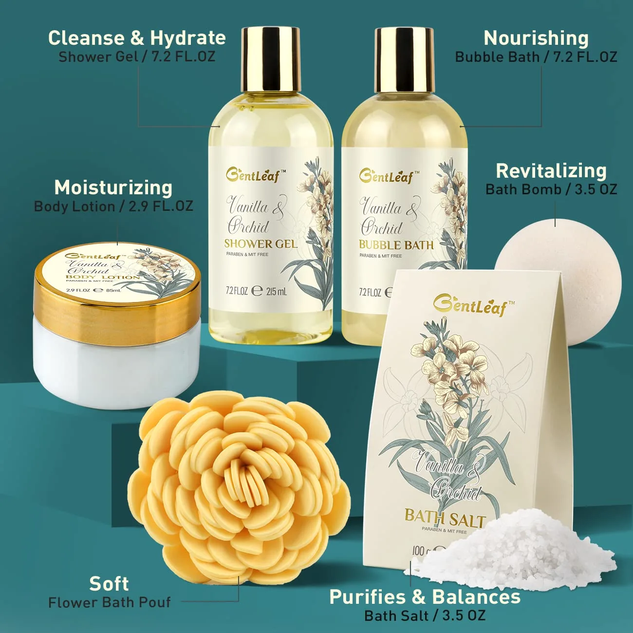 Spa Bath Gift Basket, Bath & Body Gift Set for Women, Vanilla Orchid Home Spa Gift Set, 7 Pcs Birthday Gift Basket with Bath Bomb, Bubble Bath, Body Lotion, Christmas Spa Gifts for Women by GentLeaf
