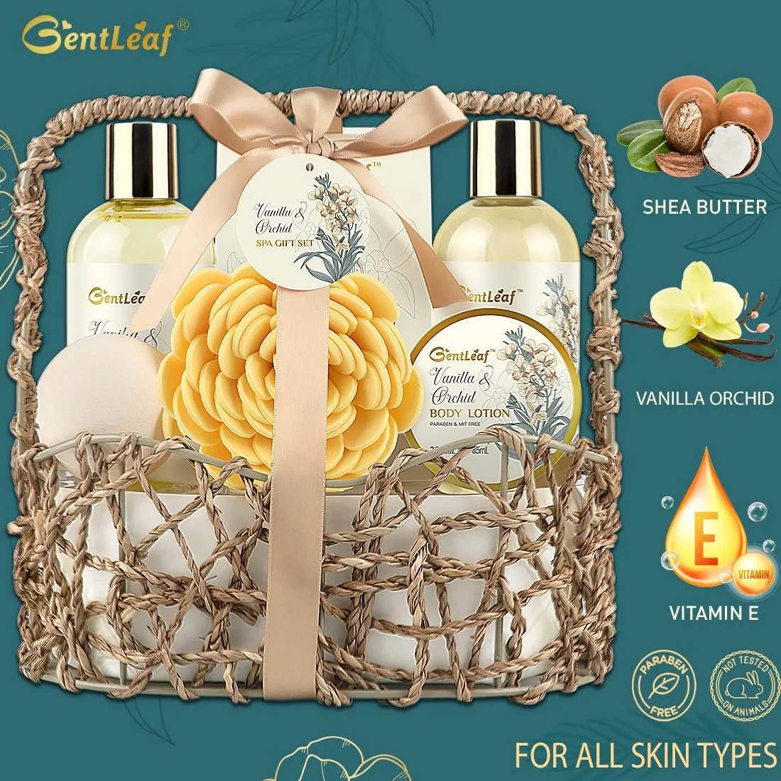 Spa Bath Gift Basket, Bath & Body Gift Set for Women, Vanilla Orchid Home Spa Gift Set, 7 Pcs Birthday Gift Basket with Bath Bomb, Bubble Bath, Body Lotion, Christmas Spa Gifts for Women by GentLeaf