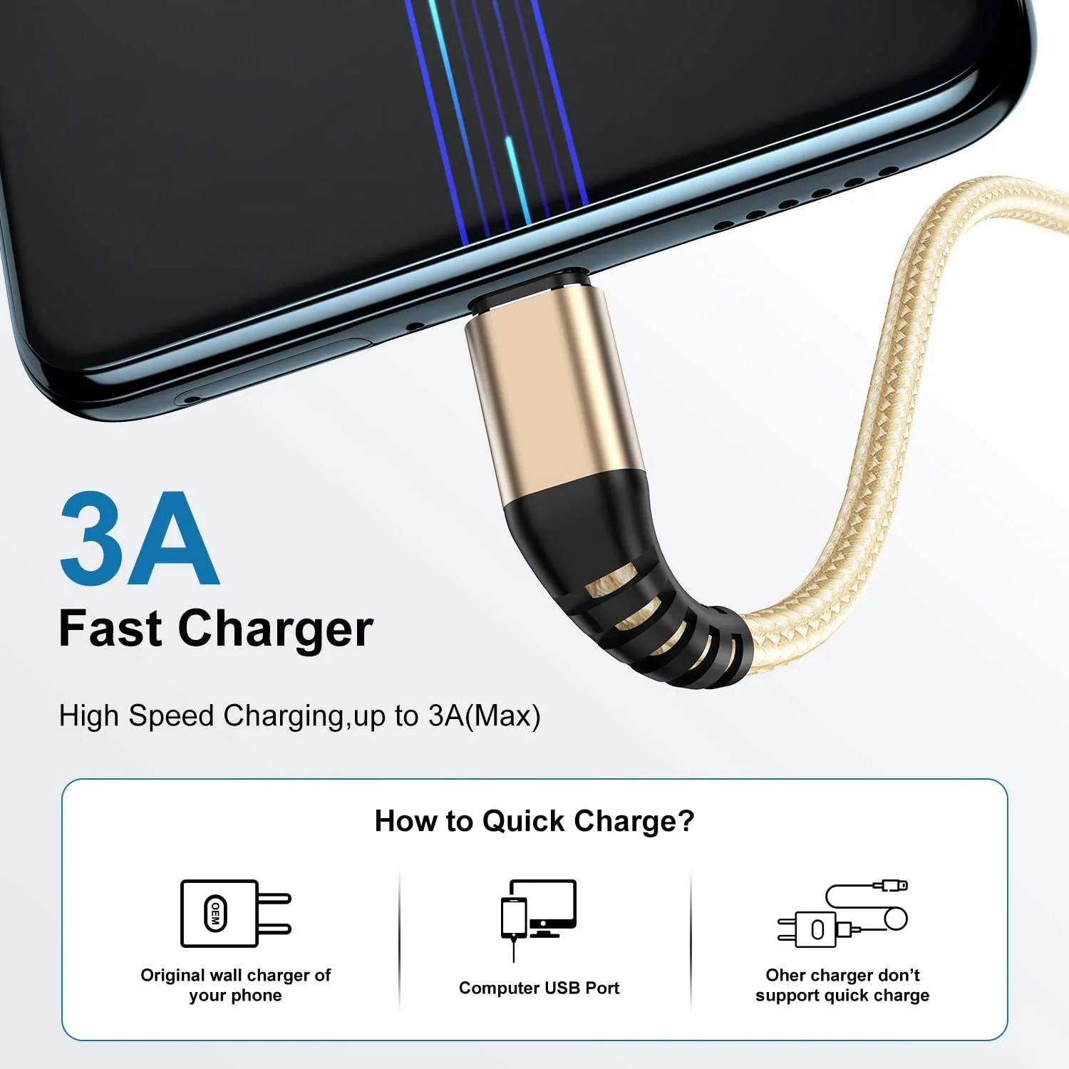 Cabepow USB A to Type C Cable, (2Pack) 10 ft Extra Long Fast Charging 10 Feet USB Type C Cord for Samsung Galaxy A10/A20/A51/S10/S9/S8, 10 Foot Type C Charger Premium Nylon Braided USB Cable -Gold