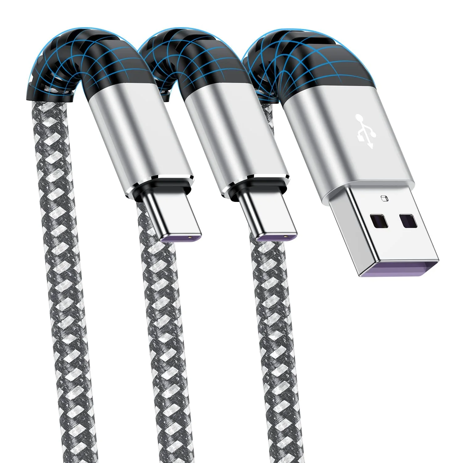 Cabepow USB A to Type C Cable, (2Pack) 10 ft Extra Long Fast Charging 10 Feet USB Type C Cord for Samsung Galaxy A10/A20/A51/S10/S9/S8, 10 Foot Type C Charger Premium Nylon Braided USB Cable-Silver