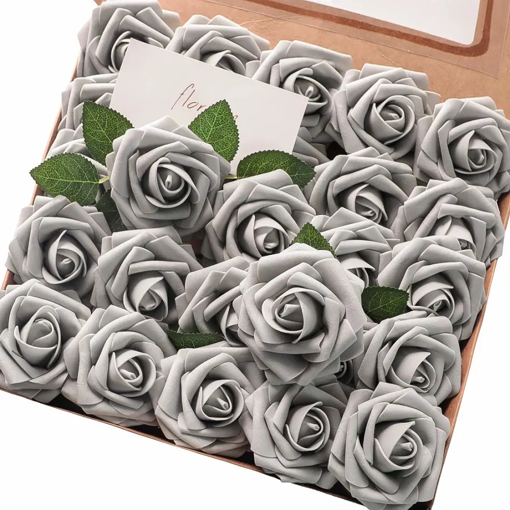 Floroom Artificial Flowers 50pcs Real Looking Silver Grey Foam Fake Roses with Stems for DIY Wedding Bouquets Bridal Shower Centerpieces Floral Arrangements Party Tables Home Decorations