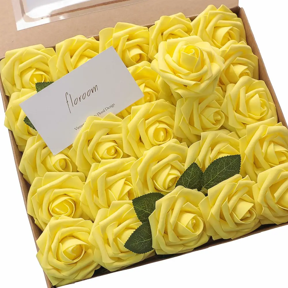 Floroom Artificial Flowers 50pcs Real Looking Canary Yellow Foam Fake Roses with Stems for DIY Wedding Bouquets Bridal Shower Centerpieces Floral Arrangements Party Tables Home Decorations