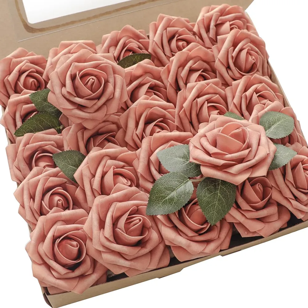 Floroom Artificial Flowers 25pcs Real Looking Dusty Pinky Cedar Foam Fake Roses with Stems for DIY Wedding Bouquets Bridal Shower Centerpieces Floral Arrangements Party Tables Home Decorations