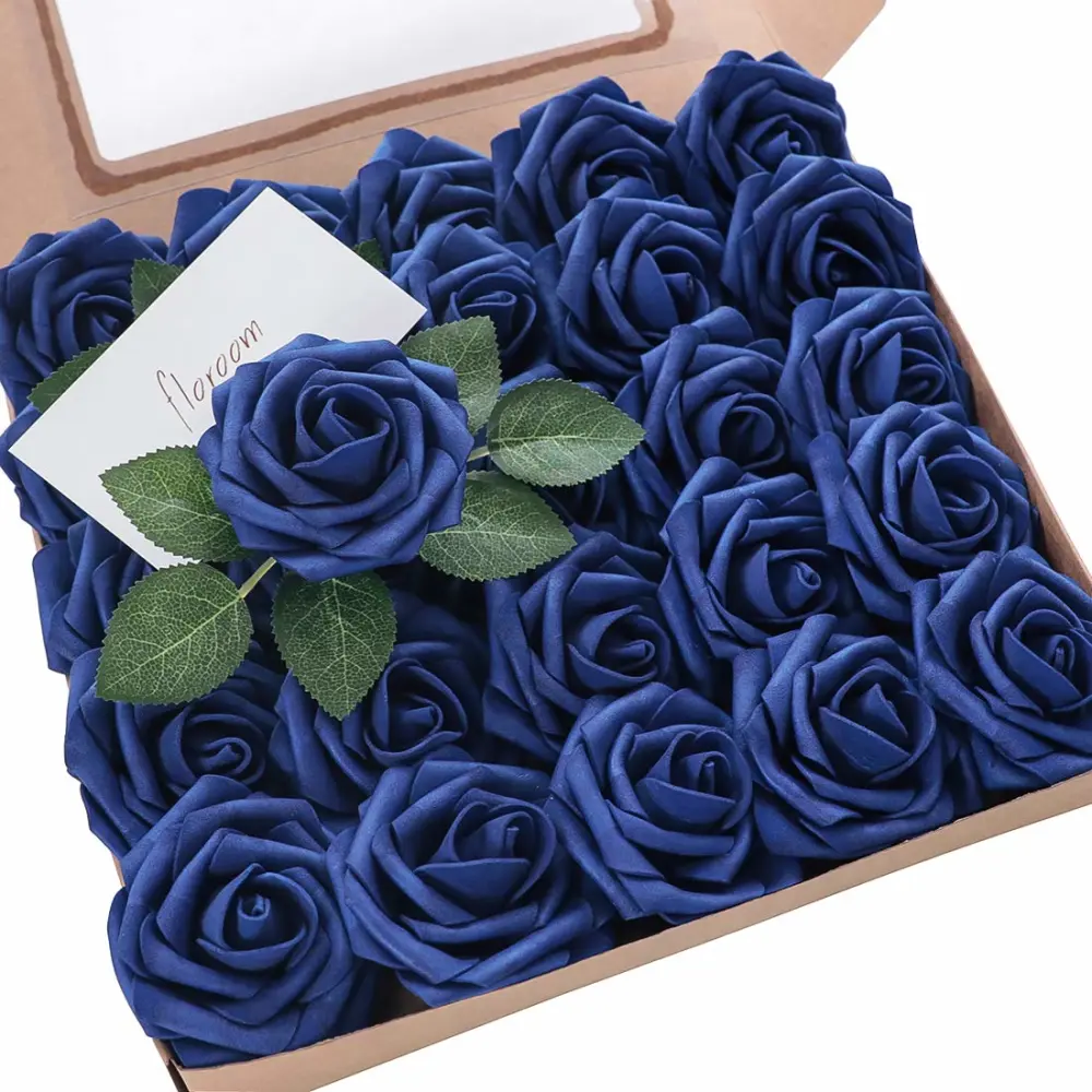 Floroom Artificial Flowers 25pcs Real Looking Royal Blue Foam Fake Roses with Stems for DIY Table Centerpieces Party Home Decorations