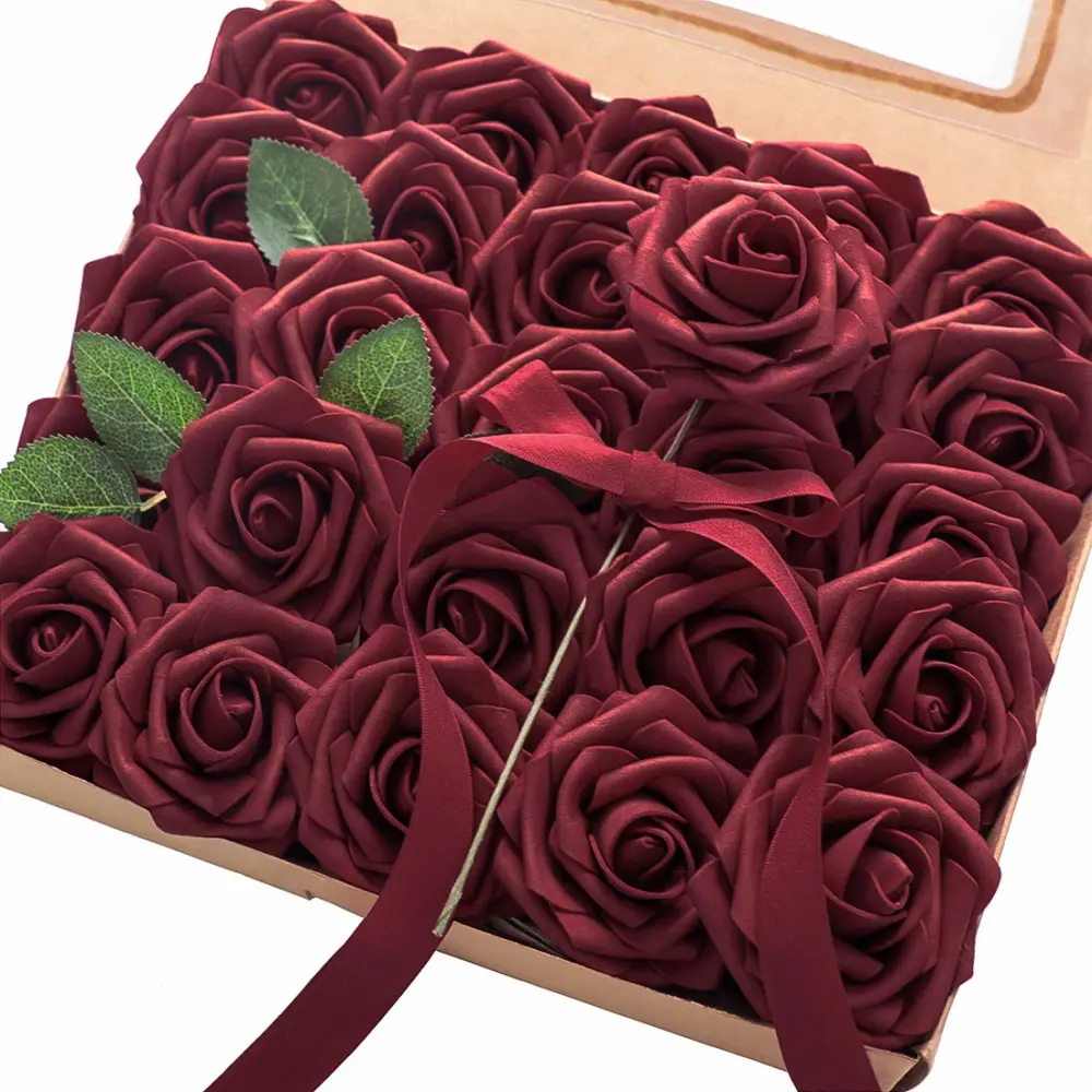 Floroom Artificial Flowers 25pcs Real Looking Burgundy Foam Fake Roses with Stems for DIY Wedding Bouquets Red Bridal Shower Centerpieces Party Decorations