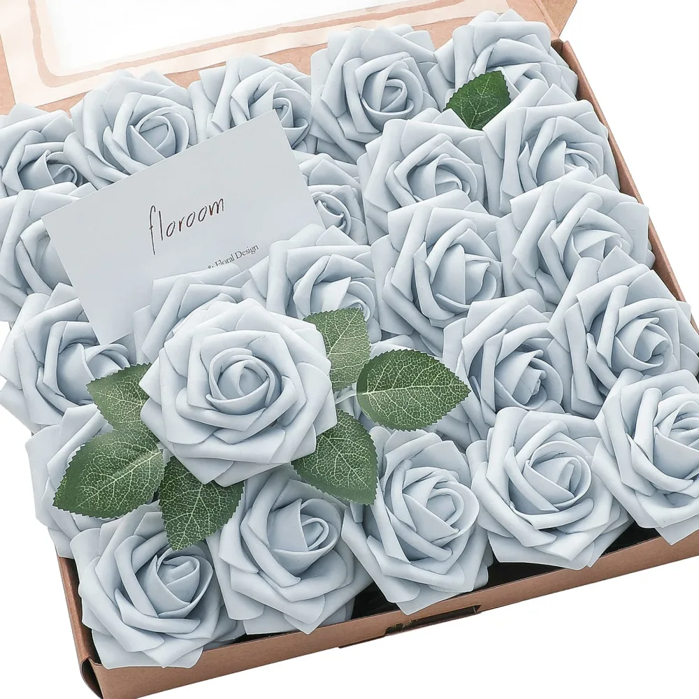 Floroom Artificial Flowers 25pcs Real Looking Powder Blue Foam Fake Roses with Stems for DIY Wedding Bouquets Bridal Shower Centerpieces Floral Arrangements Party Tables Home Decorations