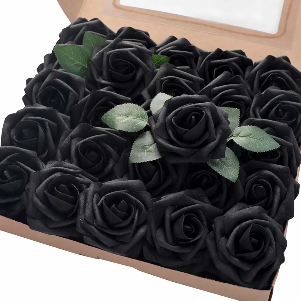 Floroom Artificial Flowers 25pcs Real Looking Black Foam Fake Roses with Stems for DIY Wedding Bouquets Centerpieces Arrangements Party Tables Home Halloween Decorations