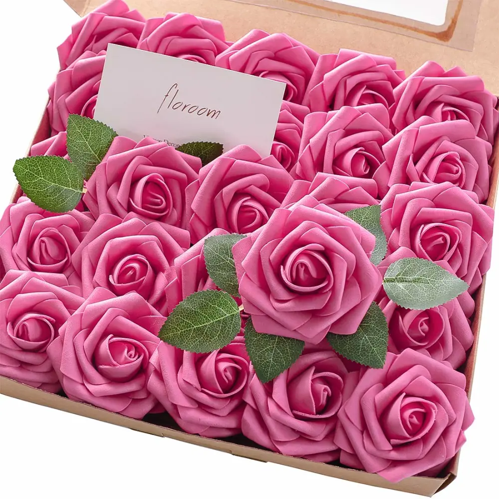 Floroom Artificial Flowers 25pcs Real Looking Hot Pink Foam Fake Roses with Stems for DIY Wedding Bouquets Bridal Shower Centerpieces Floral Arrangements Party Tables Home Decorations