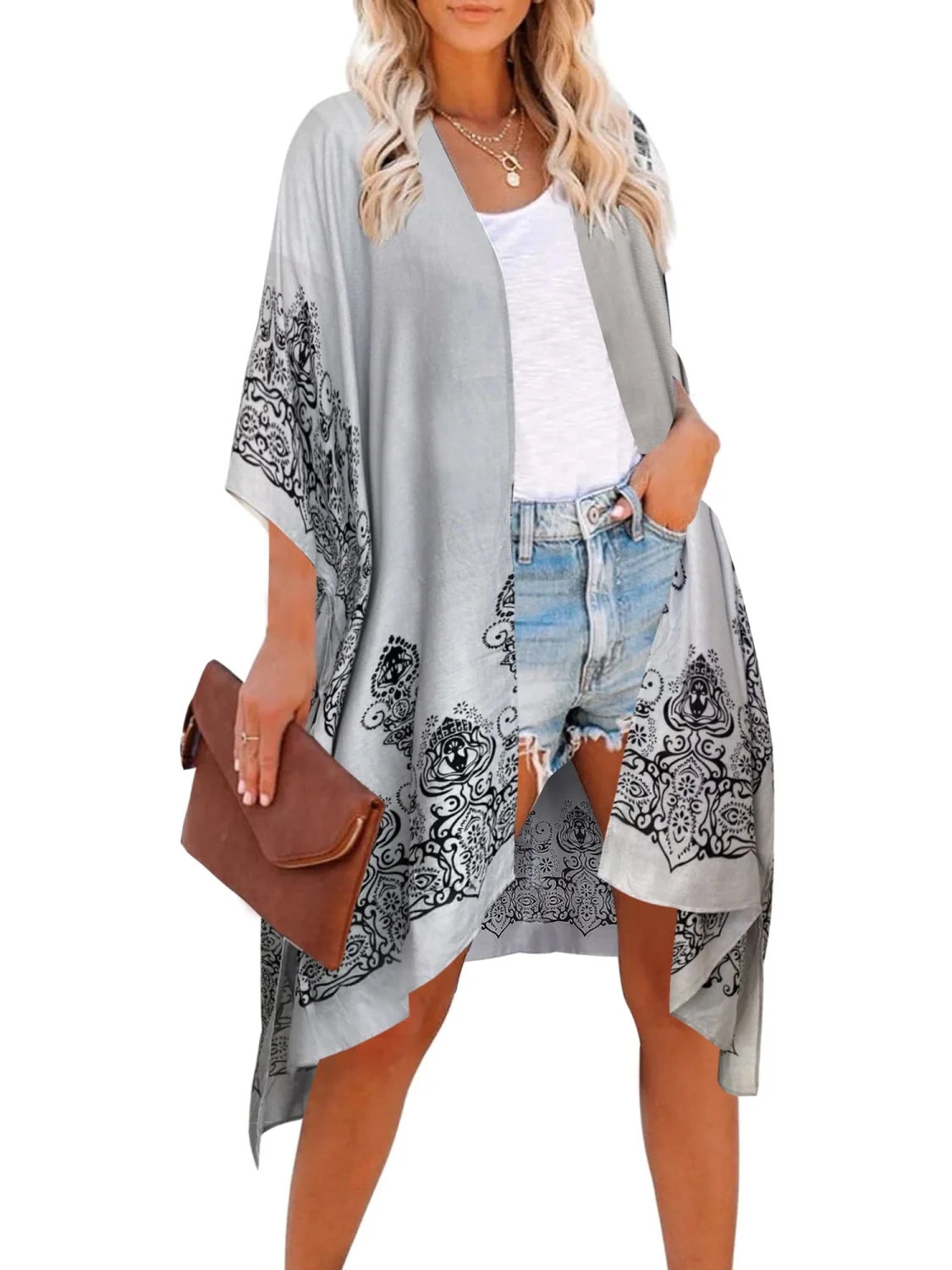 Moss Rose Women's Beach Cover up Swimsuit Kimono with Bohemian Floral Print, Loose Casual Resort Wear