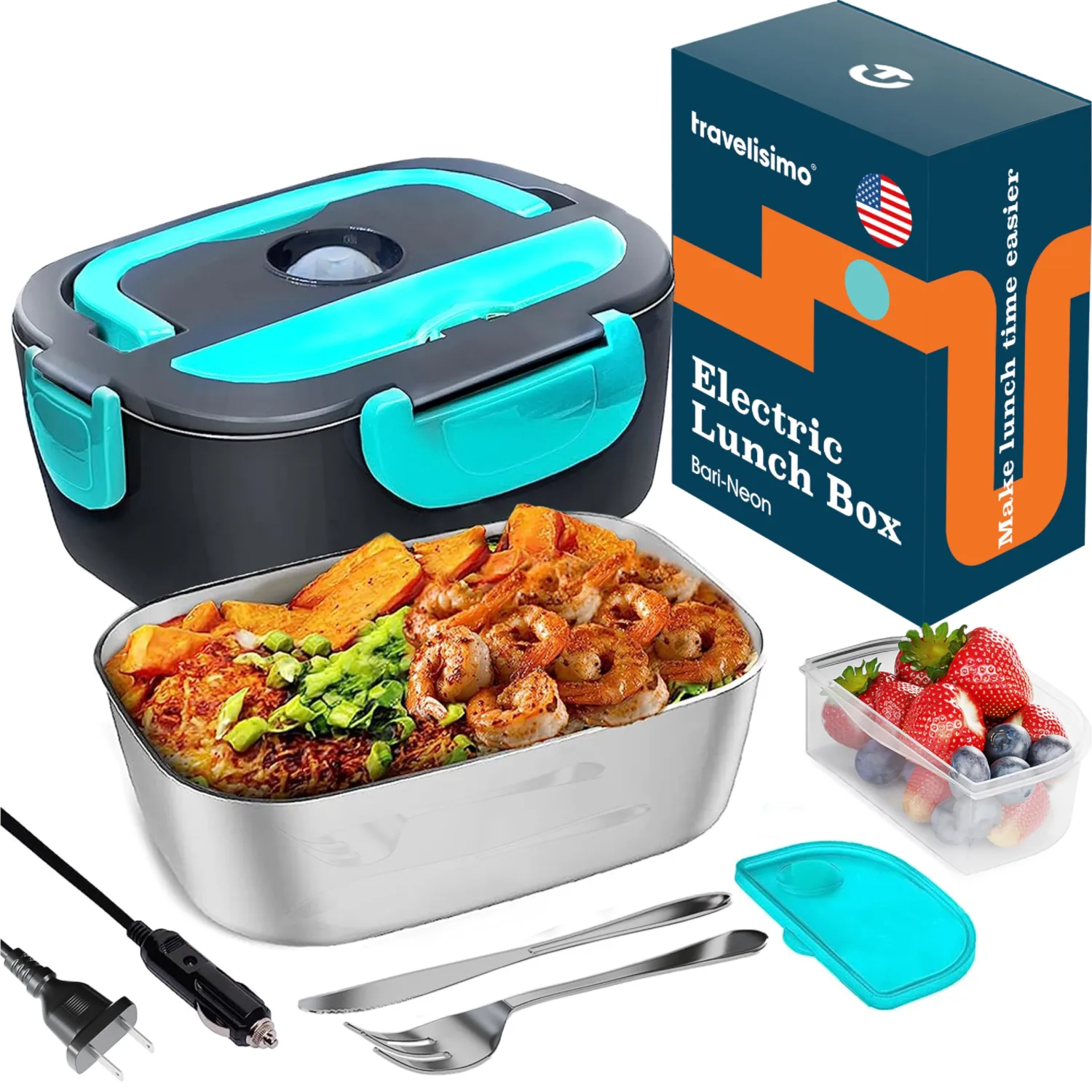 Travelisimo Electric Lunch Box Food Heater High Power 80W, 3 in 1 Portable Heated Lunch Box for Adults for Car Truck & Work 12V 24V 110V, Loncheras Electricas para Calentar Almuerzo