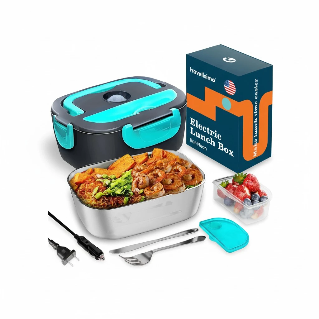 Travelisimo Electric Lunch Box Food Heater High Power 80W, 3 in 1 Portable Heated Lunch Box for Adults for Car Truck & Work 12V 24V 110V, Loncheras Electricas para Calentar Almuerzo