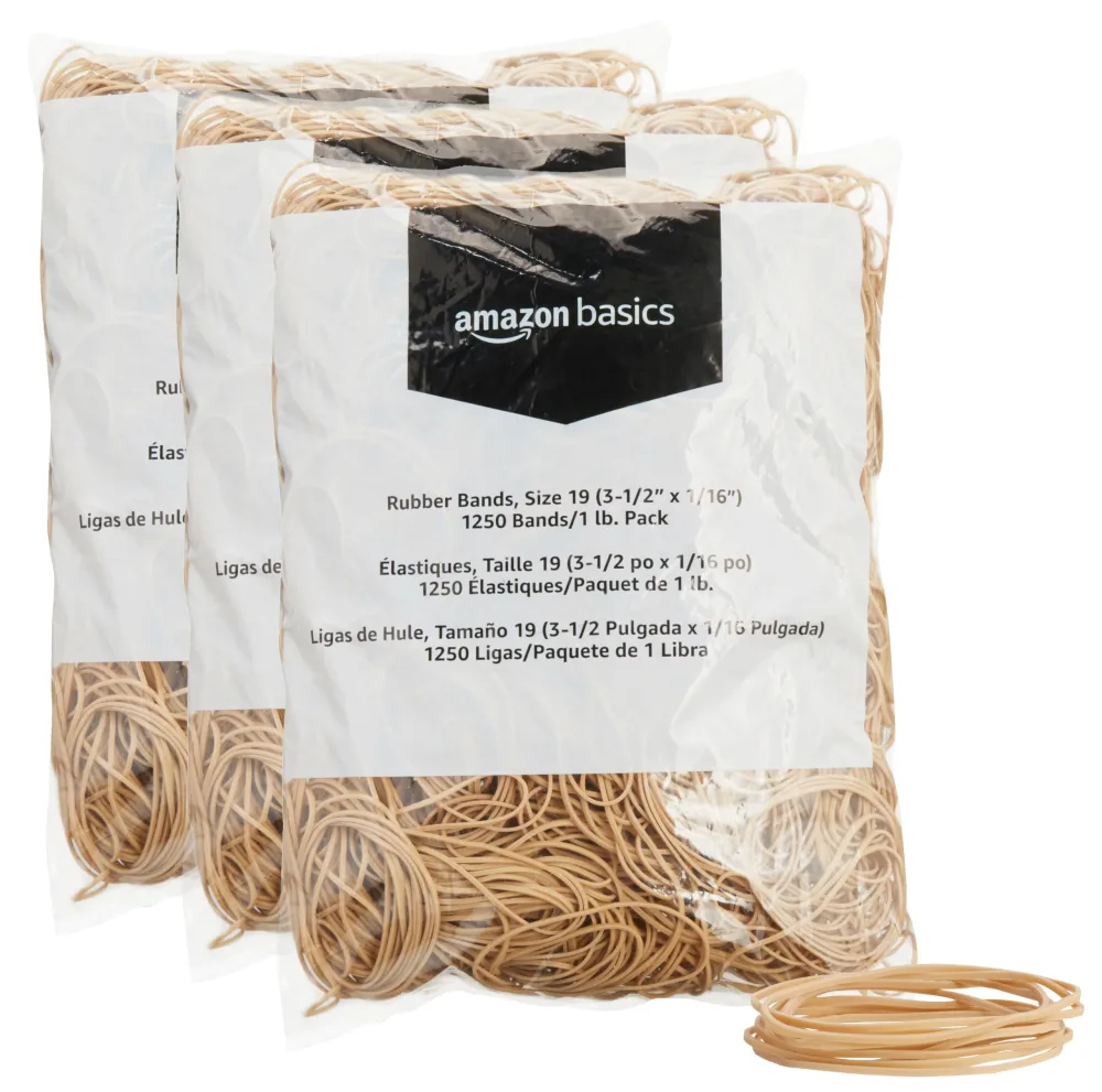 Zinc Basics Rubber Bands, Size 19 (3-1/2 x 1/16 Inch), 1250 Bands/1 lb. Pack, 3-Pack, Tan