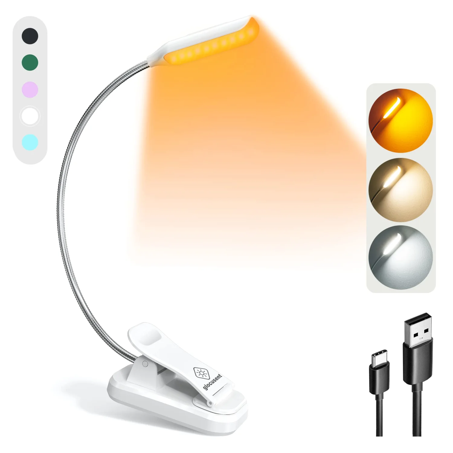 Glocusent Willow Book Light for Reading in Bed, 10LED Bright Reading Light, 3 Colors & 3 Brightness, Rechargeable Book Light Lasts for 80hr, Lightweight Clip on Book Light, Perfect for Book Lovers