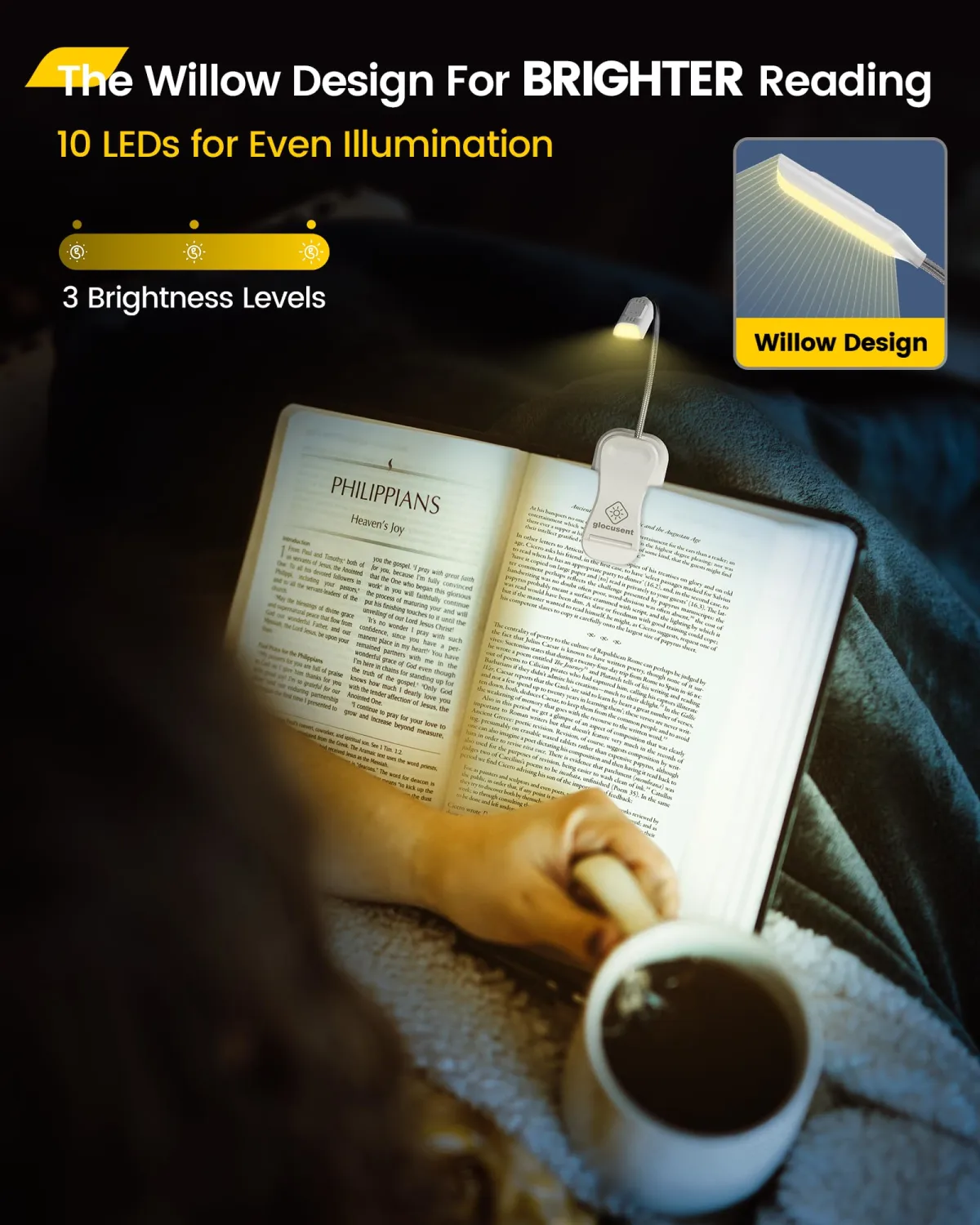 Glocusent Willow Book Light for Reading in Bed, 10LED Bright Reading Light, 3 Colors & 3 Brightness, Rechargeable Book Light Lasts for 80hr, Lightweight Clip on Book Light, Perfect for Book Lovers