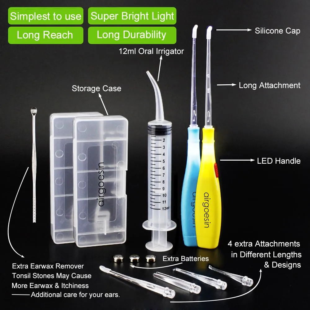 Airgoesin™ Upgraded Tonsil Stone Remover Tool, Blue & Yellow, 5 Tips, Tonsillolith Pick Case + 1 Irrigator Fresh Breath Oral Rinse