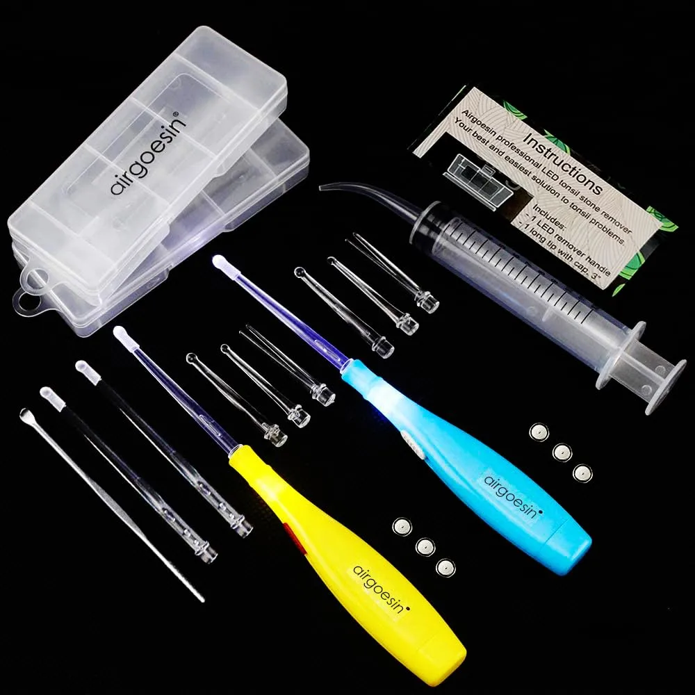 Airgoesin™ Upgraded Tonsil Stone Remover Tool, Blue & Yellow, 5 Tips, Tonsillolith Pick Case + 1 Irrigator Fresh Breath Oral Rinse
