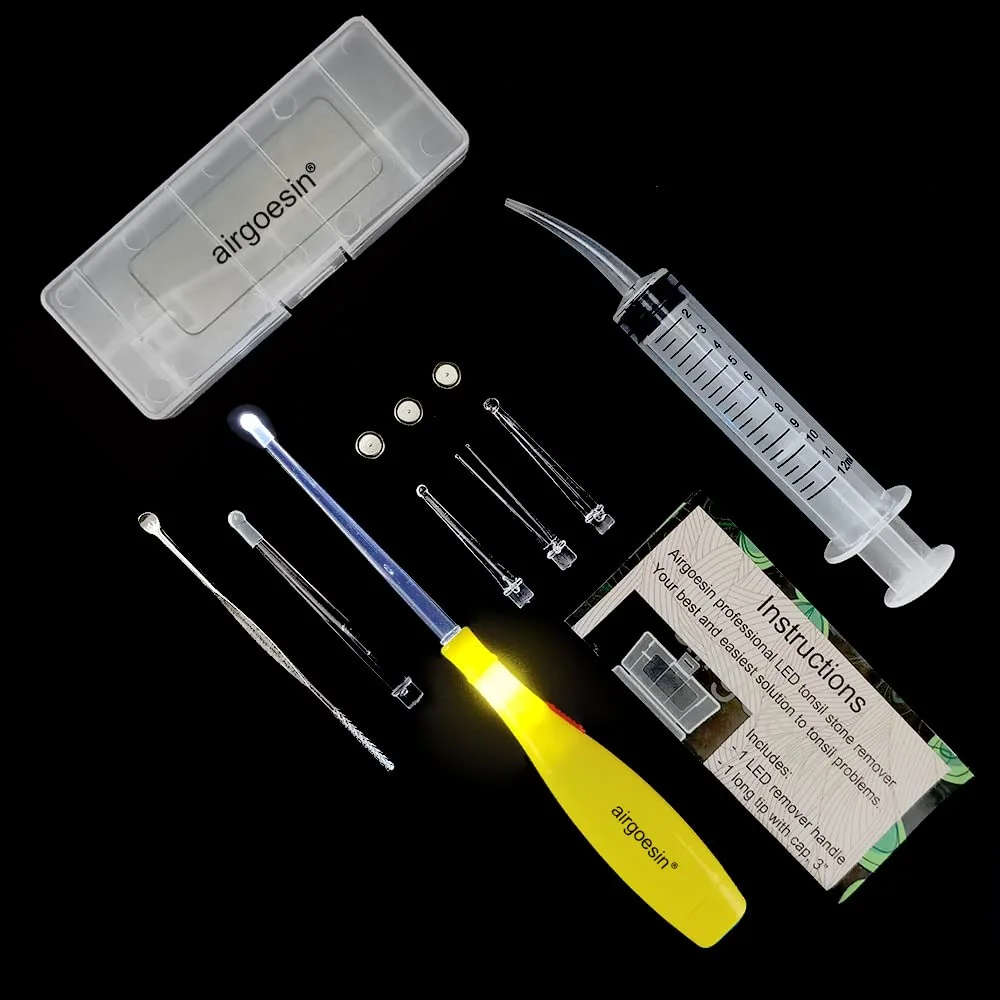 Airgoesin™ Upgraded Tonsil Stone Remover Tool, Yellow, 5 Tips, Tonsillolith Pick Case + 1 Irrigator Fresh Breath Oral Rinse