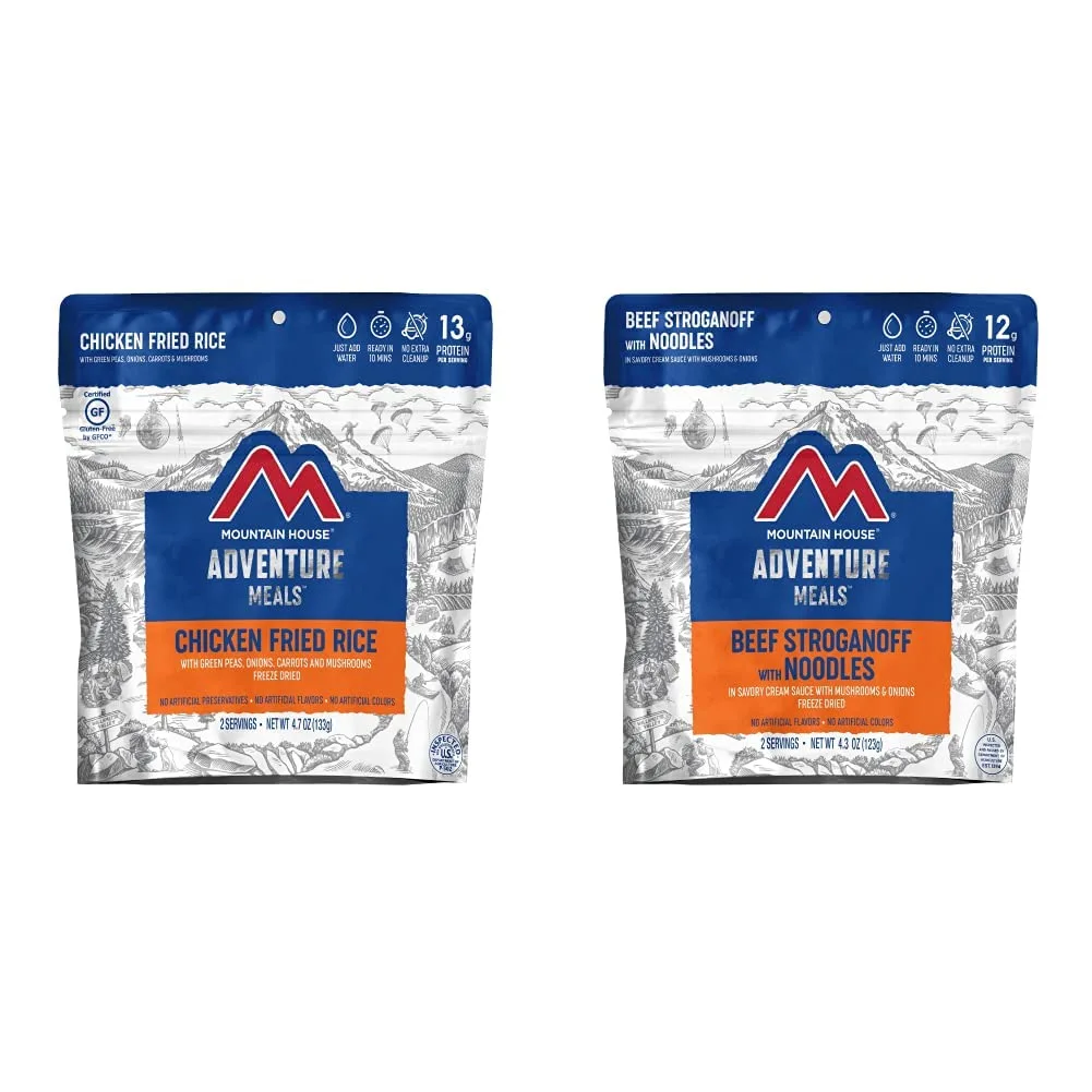 Mountain House Chicken Fried Rice | Freeze Dried Backpacking & Camping Food | 2 Servings | Gluten-Free & Beef Stroganoff with Noodles | Freeze Dried Backpacking & Camping Food | 2 Servings