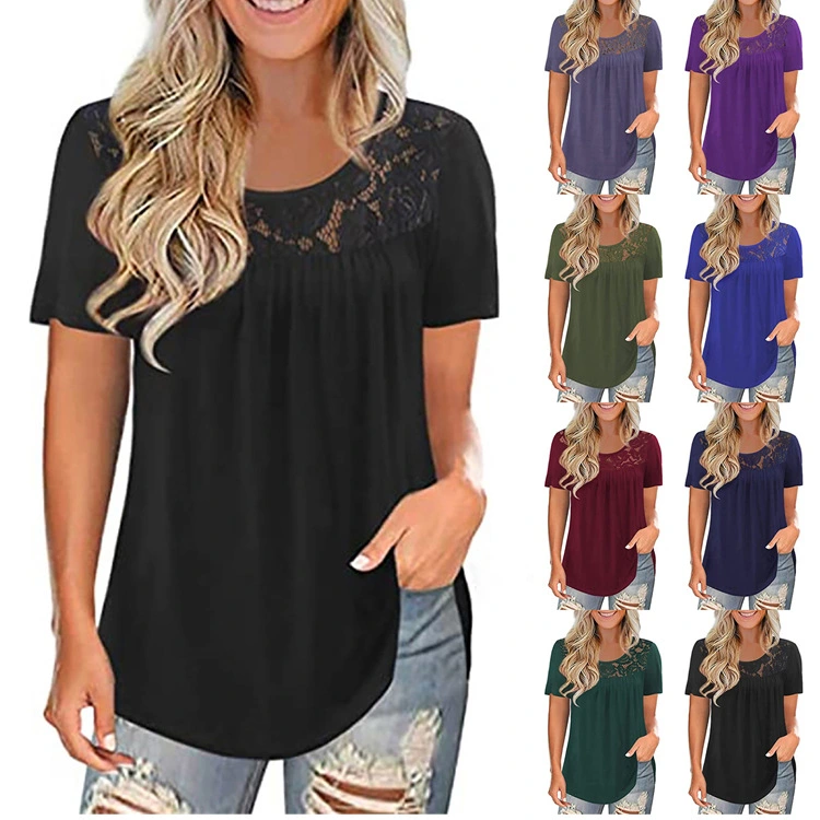 2023 New European and American Women's Large T-shirt Lace Pleated Shirt Summer Waist Short Sleeve Shirt Women