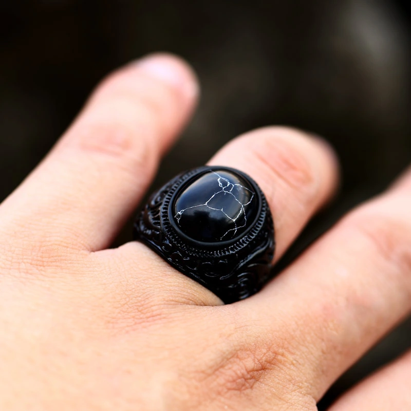 Vintage Stainless Steel Engraved Ring With Gemstones