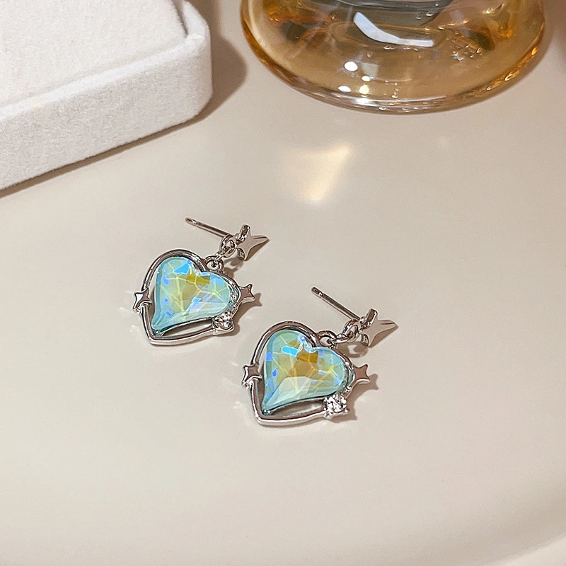 Japan And South Korea Super Flash Blue Diamond Hollow Love Earrings