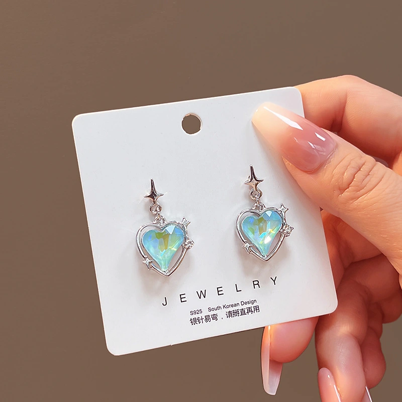 Japan And South Korea Super Flash Blue Diamond Hollow Love Earrings