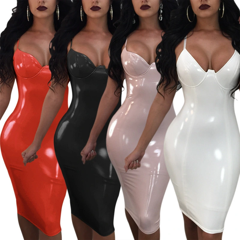 2023 Fashion Women's Leather Latex Sleeveless Suspender Dress Zipper Split Tie Mirror Nightclub Dress