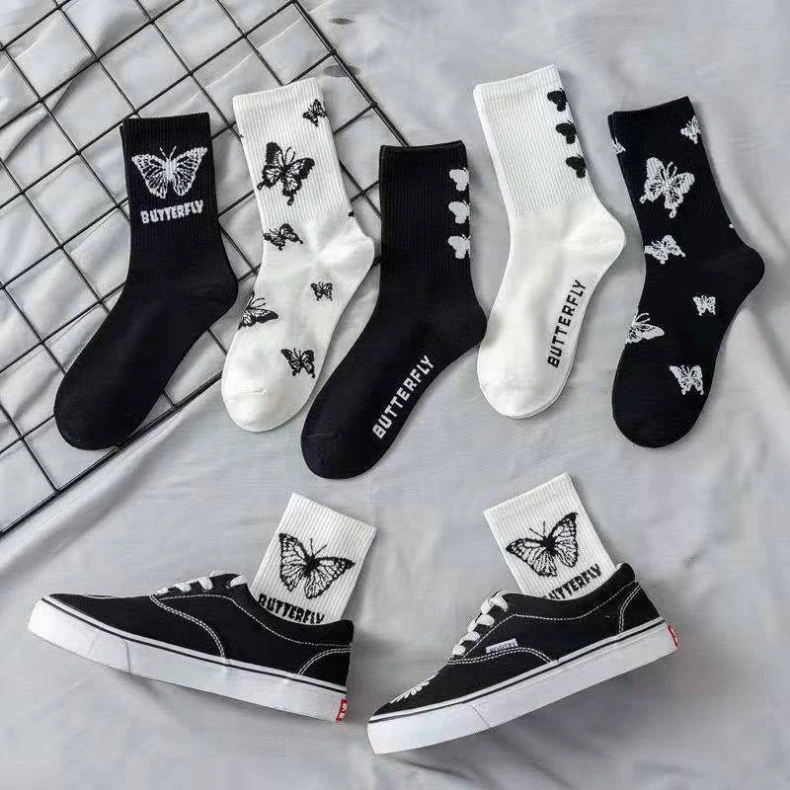 Cartoon Socks Cute Bow Print White Black Funny Fall Harajuku Fashion Kawaii Woman Socks