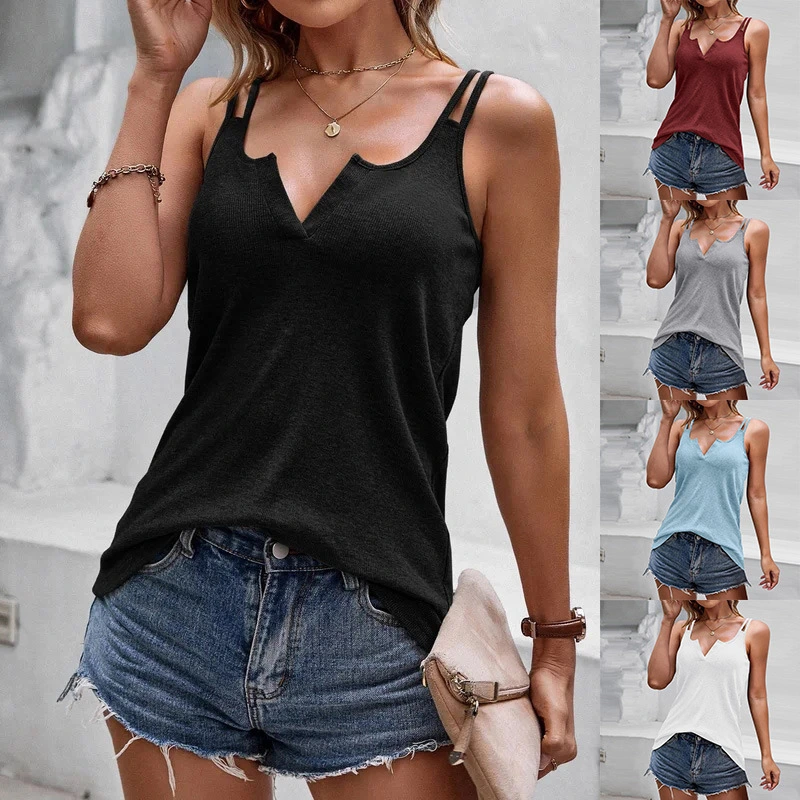 2023 Suspended Tank Top Women's V-Neck Solid Inner Strap Top Sleeveless Bottom