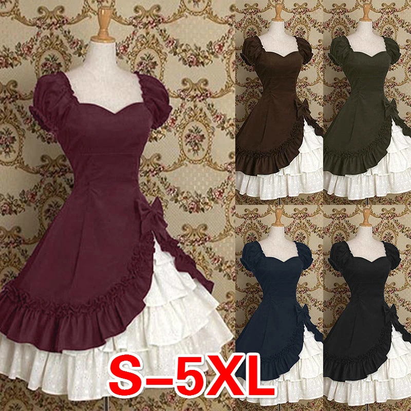 Women Girls Short Sleeve Coffee Cotton Classic Lolita Dress Sweet Cute Frill Frock Dress Women Girls Anime Cosplay Costume