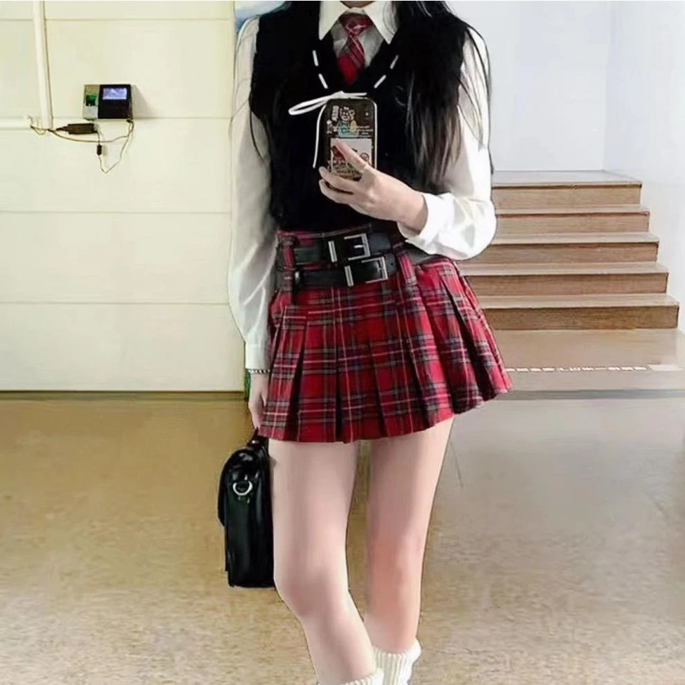 New Little Style Versatile Double Belt Short Skirt Fresh Plaid Pleated