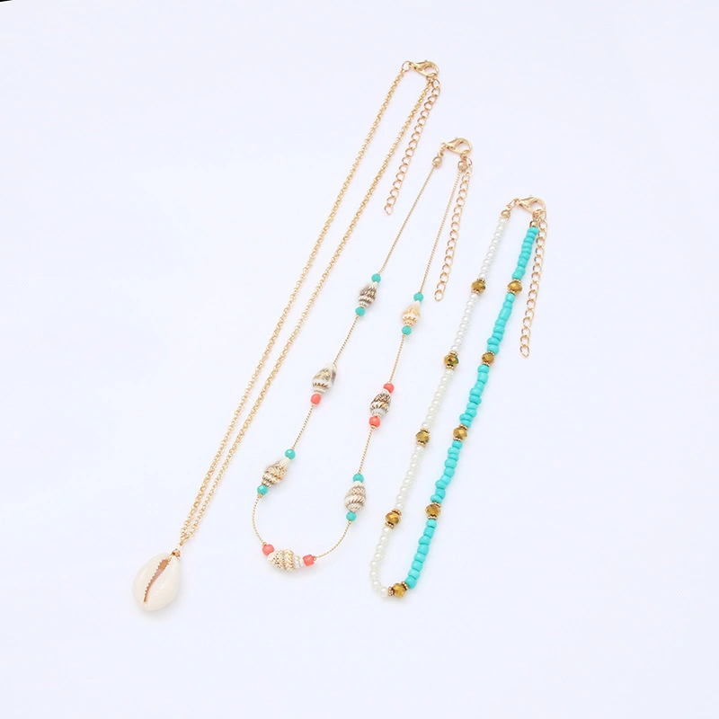 Bohemian Multi Layered Irregular Shell Pendant Rice Bead String Necklace Vacation Fashion Ethnic Style Exaggerated Jewelry